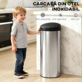 HOMCOM Coș de gunoi de 55L cu senzor pentru deschidere automată și închidere amortizată, 32x30x72.5 cm, Argintiu | Aosom Romania