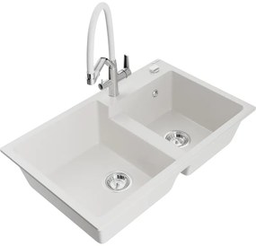 Mexen Tomas Chiuvetă de granit cu 2 compartimente și baterie de bucătărie Duo, Albă - 6516-20-671701-02