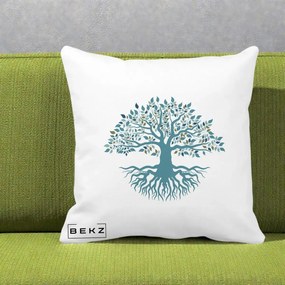 Perna Decorativa Copacul Vietii Teal cu Radacini, 40x40 cm, Alba Mata, Husa Detasabila, Perna Inclusa, BEKZ®