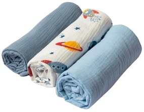 RESIGILAT Set 3 paturici din muselina dubla moale 78x78 cm Kidizi Space, 100% bumbac