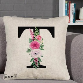 Cadou Personalizat - Perna Personalizata Monograma Florala Litera T, 40x40 cm, Bej Canapea, Husa Detasabila, Perna Inclusa, BEKZ®