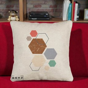 Perna Decorativa Geometric Hexagoane Multicolor, 40x40 cm, Bej Canapea, Husa Detasabila, Perna Inclusa, BEKZ®