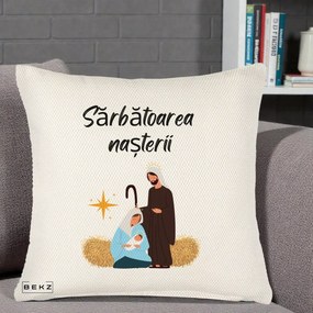 Perna Decorativa Nasterea Domnului Sfanta Familie Sarbatoarea Nasterii, 40x40 cm, Crem Reliefat, Husa Detasabila, Perna Inclusa, BEKZ®