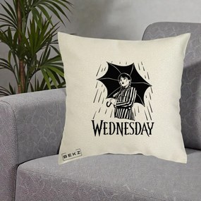 Perna Personalizata Wednesday cu Umbrela Ploaie Lineart, 40x40 cm, Ecru, Husa Detasabila, Perna Inclusa, BEKZ®