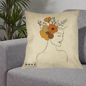 Perna Decorativa Portret Feminin Flori Galbene-Portocalii, 40x40 cm, Crem, Husa Detasabila, Perna Inclusa, BEKZ®
