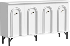 Comodă cu 4 uși, front arcuit 3D, pentru living, sufragerie și hol, 140x34x78 cm, Alb