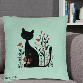 Perna Decorativa Pisica Neagra Flori Rosii Folk Minimal, 40x40 cm, Verde Menta, Husa Detasabila, Perna Inclusa, BEKZ®