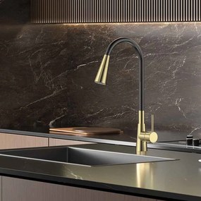 Baterie bucatarie cu pipa flexibila Inter Ceramic Havana finisaj negru mat-auriu periat cu 2 functii