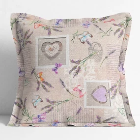 Goldea față de pernă cu tiv decorativ loneta - inimioare cu fluturi și lavandă pe bej 30 x 50 cm