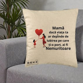 Cadou pentru Mama - Perna Personalizata Mama Nemuritoare cu Bebelus Kawaii, 40x40 cm, Bej, Husa Detasabila, Perna Inclusa, BEKZ®