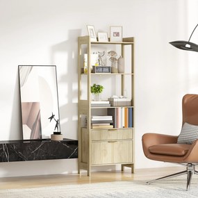 HOMCOM Bibliotecă înaltă, corp de depozitare cu 4 rafturi deschise și 2 sertare canelate, 60 x 30 x 160 cm, lemn natural | Aosom Romania