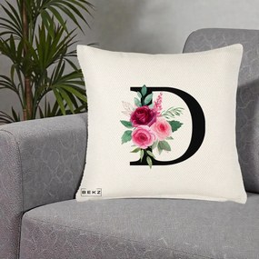 Cadou Personalizat - Perna Personalizata Monograma Florala Litera D, 40x40 cm, Crem Reliefat, Husa Detasabila, Perna Inclusa, BEKZ®
