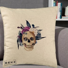 Perna Decorativa Craniu Floral cu Trandafiri si Ciuperci, 40x40 cm, Bej, Husa Detasabila, Perna Inclusa, BEKZ®
