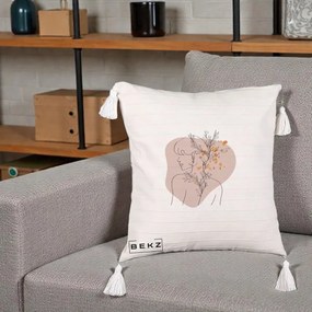 Perna Decorativa Femeie cu Flori Line Art Boho, 40x40 cm, Bej cu Franjuri, Husa Detasabila, Perna Inclusa, BEKZ®
