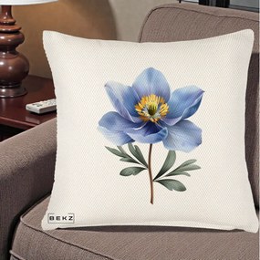 Perna Decorativa Anemona Albastra Botanica, 40x40 cm, Crem Reliefat, Husa Detasabila, Perna Inclusa, BEKZ®