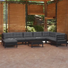 Set mobilier gradina cu perne, 9 piese, negru, lemn masiv pin
