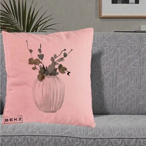 Perna Decorativa Vaza cu Eucalipt Watercolor, 40x40 cm, Roz, Husa Detasabila, Perna Inclusa, BEKZ®