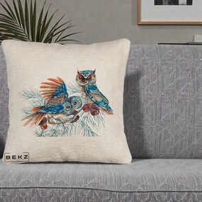 Perna Decorativa Bufnite de Iarna Albastre, 40x40 cm, Bej Canapea, Husa Detasabila, Perna Inclusa, BEKZ®