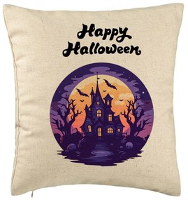 Perna Decorativa cu motiv de Halloween si Text, 40x40 cm, Bej, Husa Detasabila, Burduf