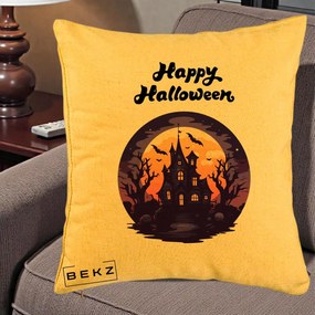 Perna Decorativa Happy Halloween Casa Bantuita Violet, 40x40 cm, Galben, Husa Detasabila, Perna Inclusa, BEKZ®