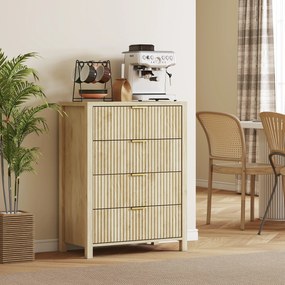HOMCOM Comodă pentru Dormitor cu 4 Sertare Canelate, Comodă din Lemn cu Mânere Aurii, pentru Sufragerie, Sala de Mese și Hol, 70x38x93 cm, Lemn Natural | Aosom Romania