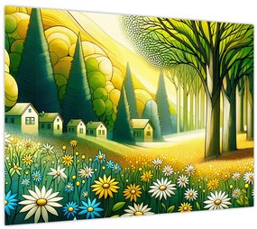 Tablou pe sticlă - Sat în galben-verde (70x50 cm)