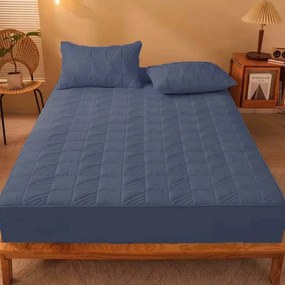 Husa de pat cu elastic si 2 fete de perna, policoton, pat 2 persoane, albastru, HPEC-03