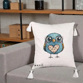 Perna Decorativa Bufnita Albastra cu Inimioare, 40x40 cm, Bej cu Franjuri, Husa Detasabila, Perna Inclusa, BEKZ®