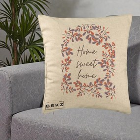 Perna Decorativa Home Sweet Home Frunze Colorate, 40x40 cm, Bej, Husa Detasabila, Perna Inclusa, BEKZ®