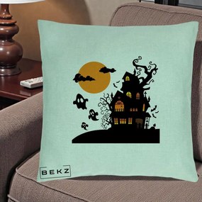 Perna Decorativa Halloween Casa Bantuita cu Fantome, 40x40 cm, Verde Menta, Husa Detasabila, Perna Inclusa, BEKZ®