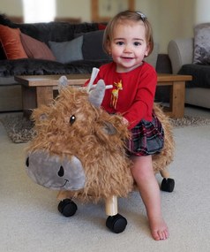 Little Bird Told Me - Vacuta Hubert Highland, Ride On Animal Toy, pentru copii de peste 1 an, Cadru robust din lemn, Scaun captusit