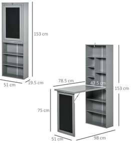 HOMCOM Birou Pliabil cu Bibliotecă, Tablă și Masă de Dining Rabatabilă, 98x51x153 cm, Gri închis | Aosom Romania