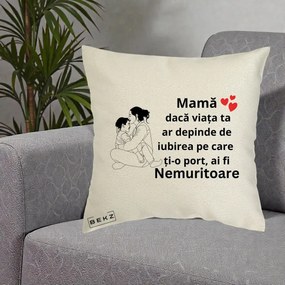 Cadou pentru Mama - Perna Personalizata Mama Nemuritoare Kawaii, 40x40 cm, Ecru, Husa Detasabila, Perna Inclusa, BEKZ®