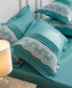 Lenjerie pat dublu, Inimi Brodate, 6 Piese, Finet Premium - Verde deschis