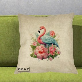 Perna Decorativa Flamingo cu Hibiscus Tropical, 40x40 cm, Crem, Husa Detasabila, Perna Inclusa, BEKZ®