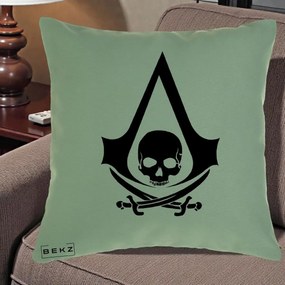 Perna Personalizata Assassin's Creed Black Flag Skull, 40x40 cm, Verde, Husa Detasabila, Perna Inclusa, BEKZ®
