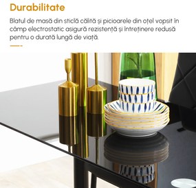HOMCOM Set Masă de Sufragerie cu 4 Scaune Dreptunghiulară din Sticlă Securizată și Oțel Scaune Capitonate cu Spătar Înalt | Aosom Romania