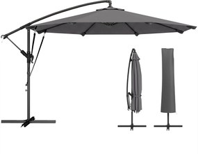 Outsunny Umbrelă Excentrică Ø300 cm cu Bază Încrucișată Manivelă Husă de Protecție și Sfori Anti-vânt UPF30+ Gri închis | Aosom Romania