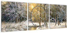 Tablou - Cabană în pădure, pictură în uei (cu ceas) (90x30 cm)