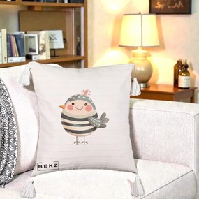 Perna Decorativa Pui Kawaii Teal cu Flori, 40x40 cm, Bej cu Franjuri, Husa Detasabila, Perna Inclusa, BEKZ®