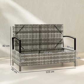 Outsunny Bancă cu depozitare 2 locuri bancă cu perne și mânere 125 L Poly Rattan 123 x 70 x 82 cm Gri închis | Aosom Romania