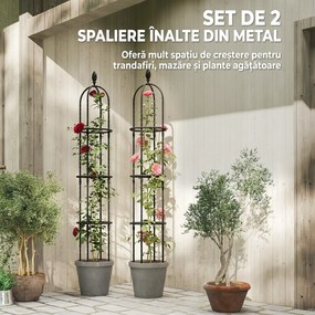 Outsunny Set de 2 Suporturi pentru Plante Cățărătoare înalte de 1,74 m, Suporturi din Oțel cu Decorațiuni, pentru Trandafiri, Roșii, Flori, Mazăre și Legume, Negru | Aosom Romania