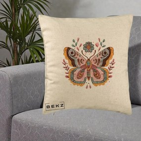 Perna Decorativa Fluture Boho Floral, 40x40 cm, Bej, Husa Detasabila, Perna Inclusa, BEKZ®