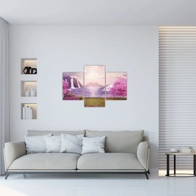 Tablou cu pomi roz cu lac (90x60 cm)