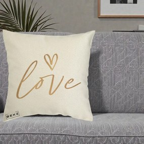 Perna Decorativa Love Caligrafie Aurie, 40x40 cm, Ecru, Husa Detasabila, Perna Inclusa, BEKZ®