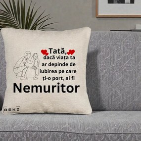 Cadou pentru Tata - Perna Personalizata Tata Nemuritor Baietel, 40x40 cm, Bej Canapea, Husa Detasabila, Perna Inclusa, BEKZ®