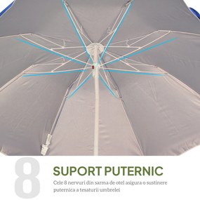 Outsunny Umbrelă de Plajă cu Acoperiș Înclinabil, Geantă de Transport și Design în 3 Secțiuni, Ø1.6x2.05 m, Albastru | Aosom Romania