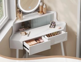 Masuta machiaj cu Oglinda LED si 2 Sertare pentru Cosmetice, Set Masa toaleta 90 cm, Alb, masuta cosmetica, vanity - SEA493