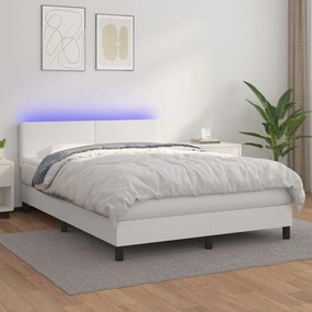 vidaXL Pat cu arcuri, cu saltea &amp; LED, alb, 140x190 cm, piele eco