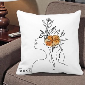 Perna Decorativa Portret Feminin Floare Portocalie Lateral, 40x40 cm, Alba Mata, Husa Detasabila, Perna Inclusa, BEKZ®